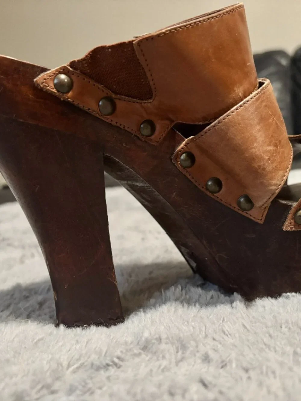 Wild Pair Brown Leather Studded Platform Heels